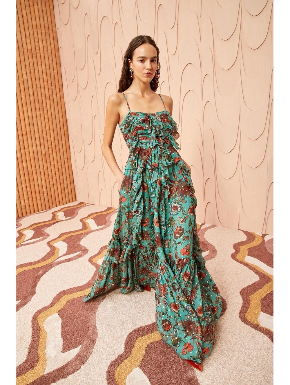 $1200 ULLA JOHNSON Colette Tiered Spaghetti Strap Maxi Dress Gown - SZ 2 (FLAW)